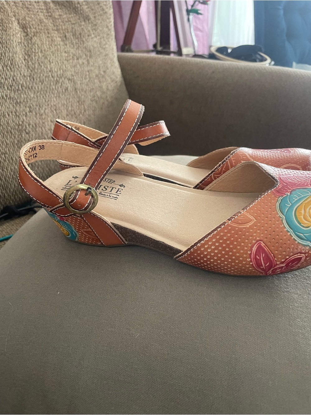 Brown Floral Embroidered Ankle-Strap Flats - Women's by Spring Step - Picture 5 of 9